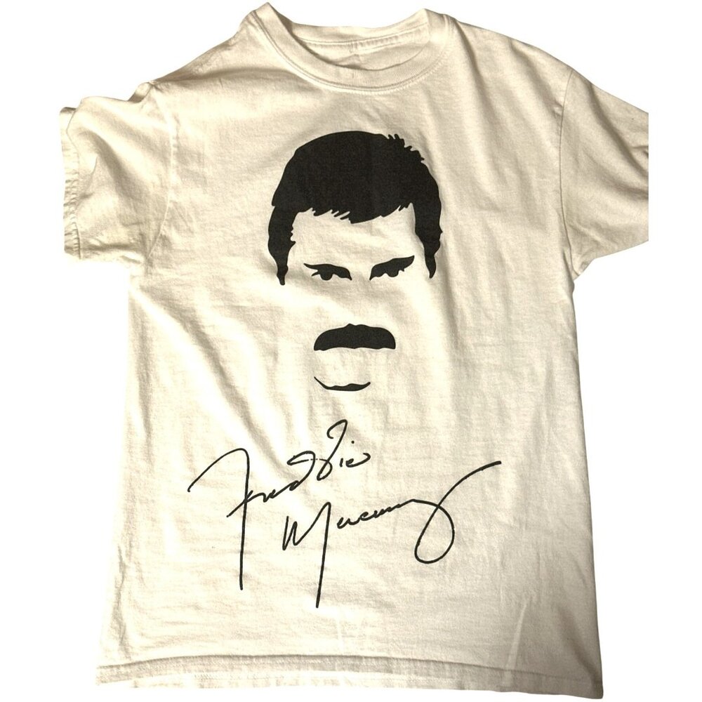 Freddie Mercury Queen Stashe Tee Shirt Small White Black Autograph Print 80s 90s - Picture 3 of 8